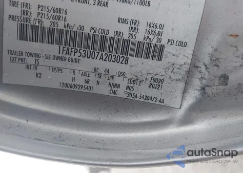 2007 Ford Taurus Se z USA, uszkodzony, nr VIN 1FAFP53U07A203028